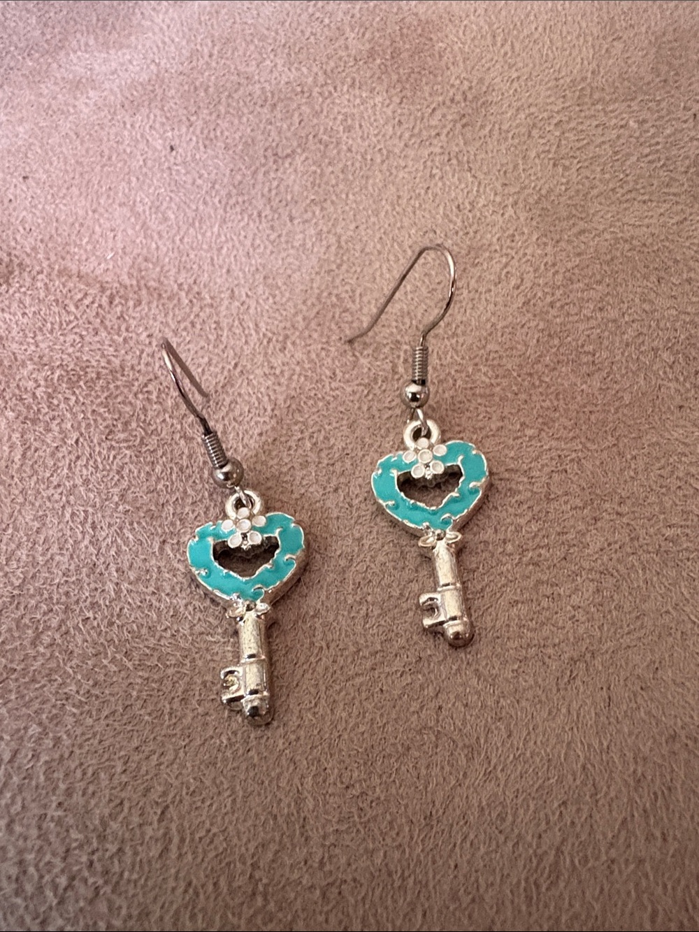 Turquoise Heart Key Dangle Earrings - Silver Tone